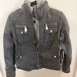 YMI Womens Faux Leather Jacket Size Small With Removable Hoodie Gray